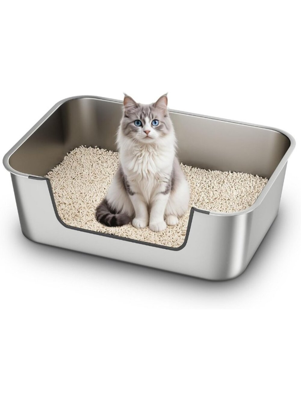 Large Low Entry Stainless Steel Cat Litter Box - Easy Clean, Odor-Free